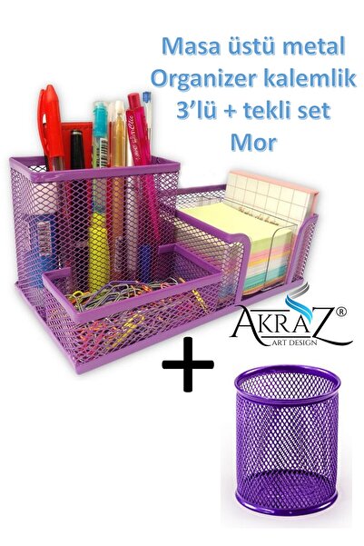 Akraz Art Design MASA ÜSTÜ METAL KALEMLİK SETİ 3'LÜ MOR + TEKLİ KALEMLİK (SET)