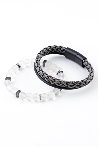 Sortie Aksesuar Genuine Leather and Hematite Natural Stone Men's Combination ...