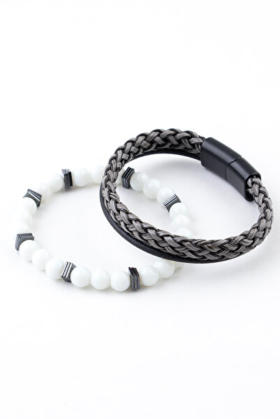 Sortie Aksesuar Genuine Leather and Hematite Natural Stone Men's Combination ...