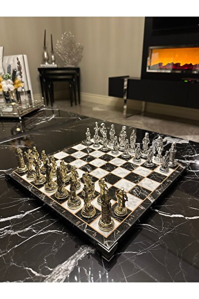 POLO BLUE Osmanlı & Bizans Figürlü Metal Satranç Takımı – 33x33 cm Mermer Desenli (MDF) Tahta, Döküm Taşlar