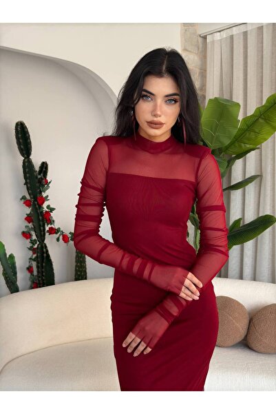 ETİKAFASHION Tül Slim Midi Elbise