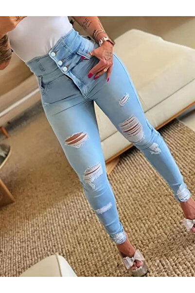 Masspera High Waist Buttoned Ripped Detail Jeans