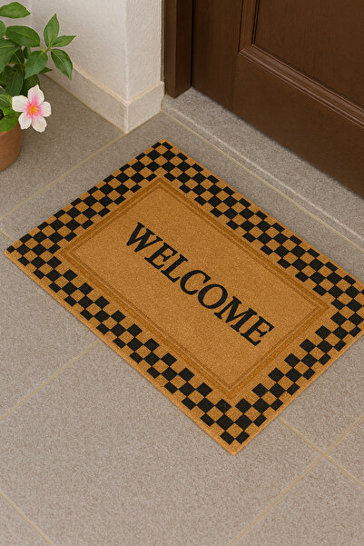 Dormot Koko Textured Door Mat - Square Patterned with Welcome Written, Non-Slip Base, 45X70 cm