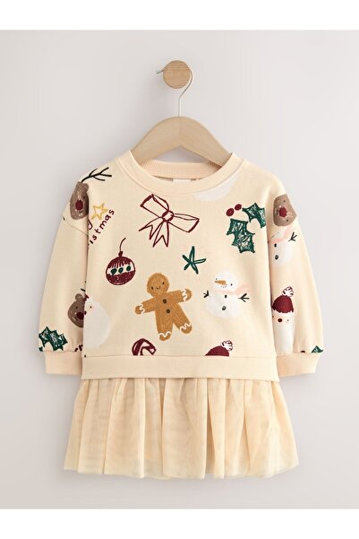 Next Baby Krem Kırmızı Yılbaşı Temalı Uzun Kollu Elbise