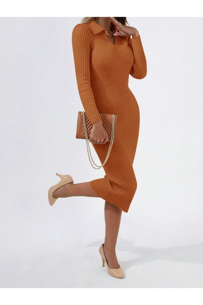 Modayakamoz New Season Women's Long Sleeve Collared Knitwear Dress