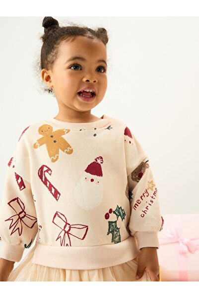 Next Baby Кремаво червено рокля с дълги ръкави с коледна тематика