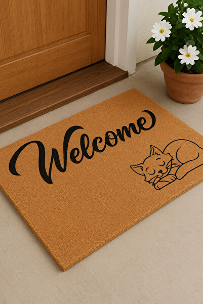 Dormot Koko Textured Door Mat - Welcome Written in Cat Print, Non-Slip Base, 45X70 cm