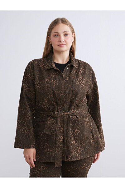 LC Waikiki Shirt Collar Leopard Print Women's Jean Jacket