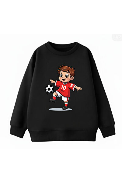 Erkek Çocuklar İçin Futbolcu Çocuk Baskılı Siyah Sweatshirt
