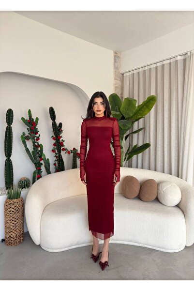 ETİKAFASHION Tül Slim Midi Elbise