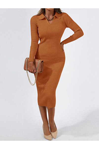 Modayakamoz New Season Women's Long Sleeve Collared Knitwear Dress