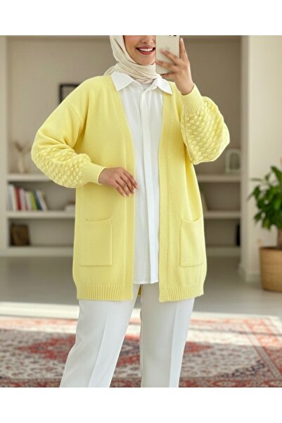 Modamorfo Double Pocket Pompom Knit Cardigan - Light Yellow