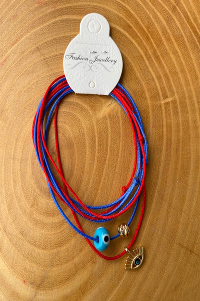 Shepidi 2-Piece Gold Eye, Glass Evil Eye Bead Blue Red String Necklace