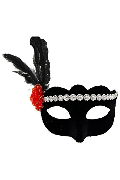 Go İthalat Black Color Suede Coated Silver Lace Red Rose Design Party Mask 18X20 cm (5273)