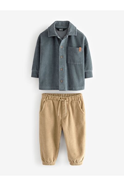 Next Baby Cotton Blue/Brown Jersey Velvet Shirt and Tracksuit Set