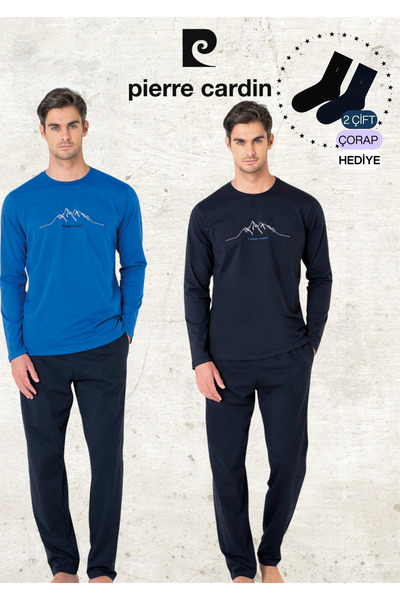 Pierre Cardin Men's Clothing 100% Cotton Long Sleeve Saks Blue & Navy Blue Two Pieces Pajama Set L1.Pc.6101.002