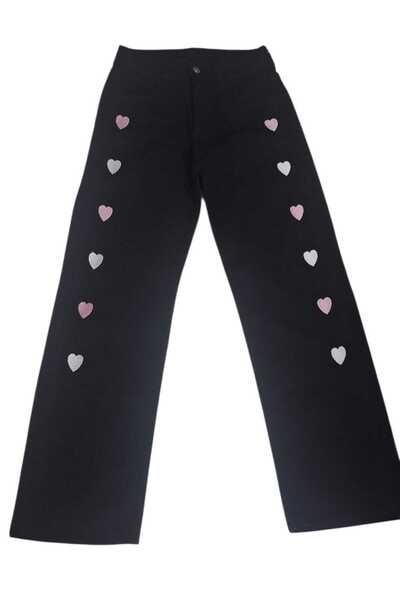 moda camiya Palazzo Girl's Lycra Black Heart Patterned. Wide Leg Stretchy Jeans Pattern