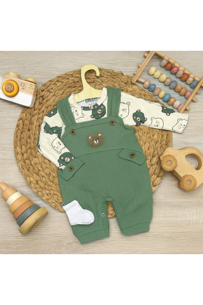 Kaptins Baby Teddy Bear Patterned Badi Bear Embroidered Green Salopet Set Cotton