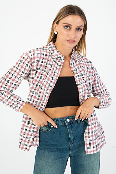 Nuevo Pembe Ekose Kadın Gömlek Astarsız – Uzun Kollu, Rahat Kalıp, Günlük ve ...