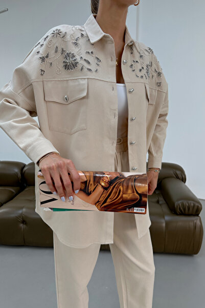 MİA NOURA Women's Embroidered Front and Back Gabardine Shirt and Pants Set