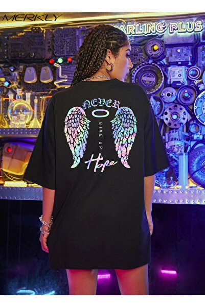 barsdepo Tricou Angel cu imprimeu , supradimensionat Tricou negru unisex pent...