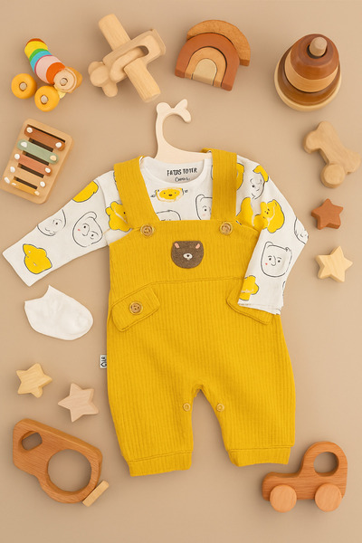 Kaptins Baby Teddy Bear Patterned Badi Bear Embroidered Green Salopet Set Cotton