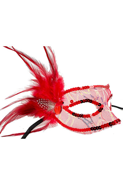 Go İthalat Red Color Side Feathered Sequin Embroidered Party Mask 23X12 cm (5273)