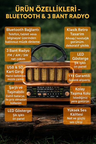 Bluetooth Retro Radyo – 3 Bant FM/AM/SW, USB & SD Kart Destekli, Taşınabilir Hoparlö