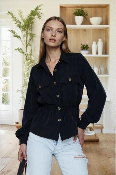 Pasaklı Giyim Women's Black Kupra Fabric Long Sleeve Gathered Waist Blouse/Shirt 3738308