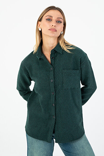 Nuevo Zümrüt Yeşili Dokulu Kadın Gömlek – Uzun Kollu, Rahat Kalıp, Günlük ve ...