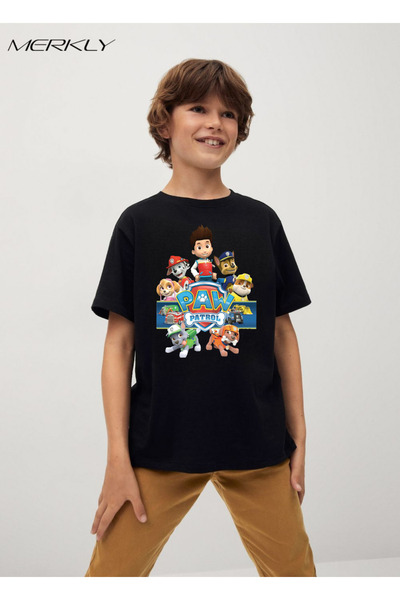 barsdepo تي شيرت مطبوع عليه باو باترول، تي شيرت أسود كبير الحجم للجنسين للأطفال