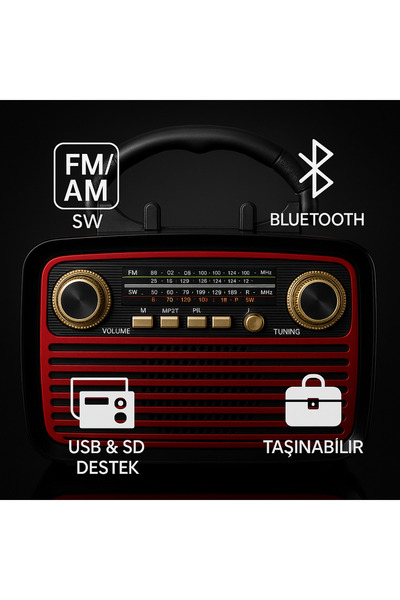 MİRLED AYDINLATMA Bluetooth Retro Radyo – FM/AM/SW, USB & SD Girişli, Taşınab...