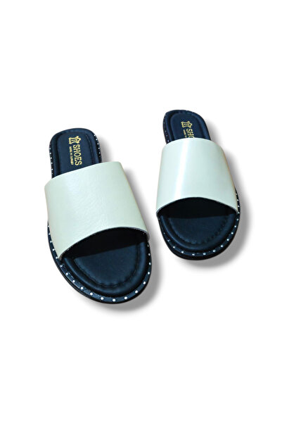 BARONES SHOES Women's Genuine Leather Flat Sole Staple Detailed Slippers