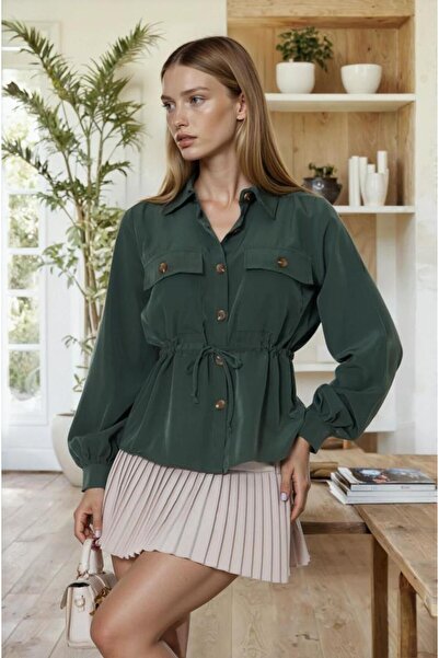 Pasaklı Giyim Γυναικεία μπλούζα/πουκάμισο με μακρύ μανίκι από ύφασμα χακί κουπρά με κορδόνι στη μέση 3738308
