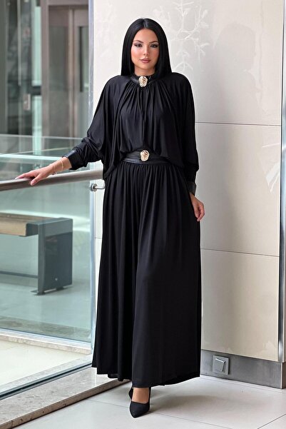 MİANOTTE Dik Yaka Broşlı Sırt Dekolte Bluz Bol Pantolon Takım