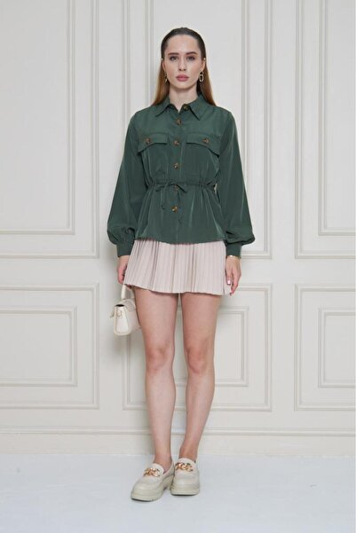 Pasaklı Giyim Γυναικεία μπλούζα/πουκάμισο με μακρύ μανίκι από ύφασμα χακί κουπρά με κορδόνι στη μέση 3738308