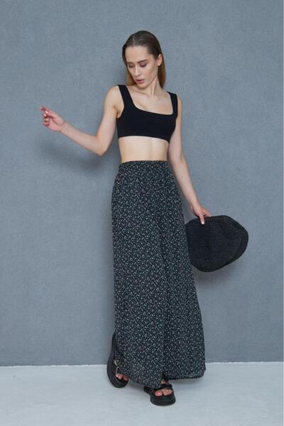 Pasaklı Giyim Women's Black Trousers, Chiffon Lined Pockets Elastic Waist Floral Pattern, Wide Leg 3756385