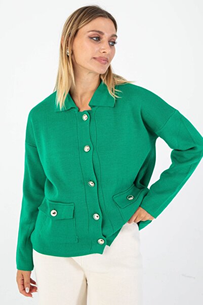 Nuevo Green Color Buttoned Women's Cardigan – Minimal Design, Comfortable Fit...