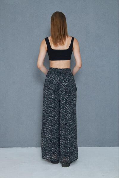 Pasaklı Giyim Women's Black Trousers, Chiffon Lined Pockets Elastic Waist Floral Pattern, Wide Leg 3756385