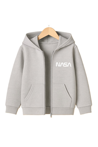 CLASSY.MODA سترة بقلنسوة مطبوعة من ناسا - بسحاب - جيب كنغر - سترة مريحة بثلاث...