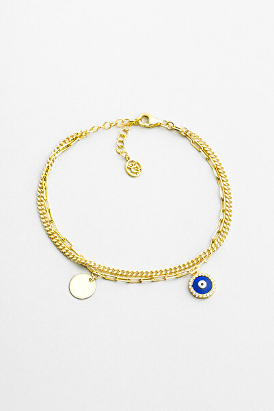 So CHIC... Nazar Figürlü 18 Ayar Sarı Altın Kaplama 19 Cm Gümüş Minimal Bileklik