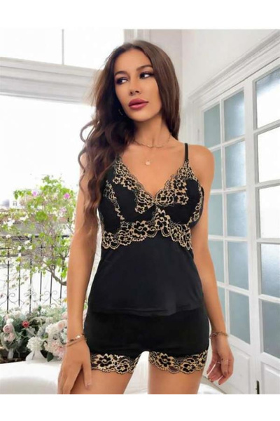 Secretsita Lace embroidered black thin strap satin shorts suit