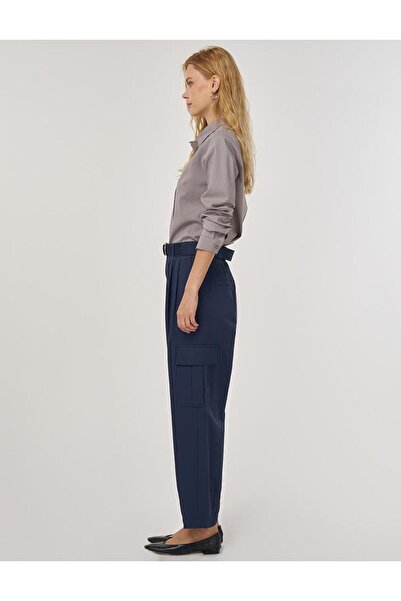 Kayra Belt Detailed Relaxed Fit Trousers Dark Navy Blue