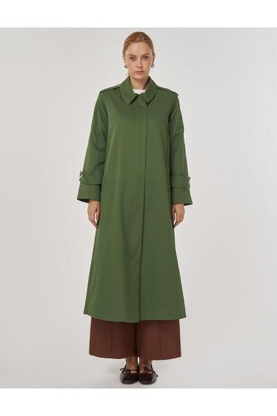 Kayra Şömizye Yaka Uzun Trençkot Orman Yeşili