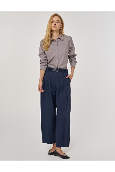 Kayra Belt Detailed Relaxed Fit Trousers Dark Navy Blue
