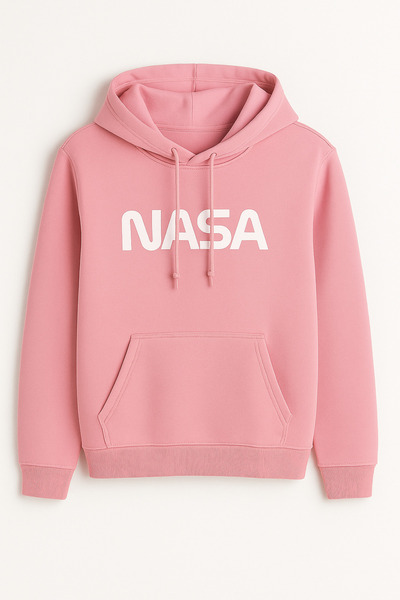 classy moda Nasa Printed White Hooded Sweatshirt - Kangaroo Pocket - 3 Thread...
