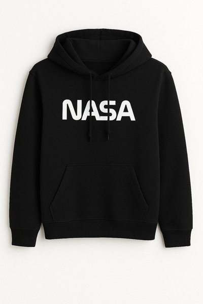 classy moda سويت شيرت أبيض بقلنسوة مطبوع عليه NASA - جيب كنغر - هودي مريح للج...