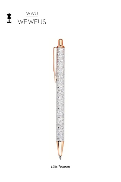 Weweus Beyaz Rose Detaylı Acık Gri Simli Lüks Tükenmez Kalem