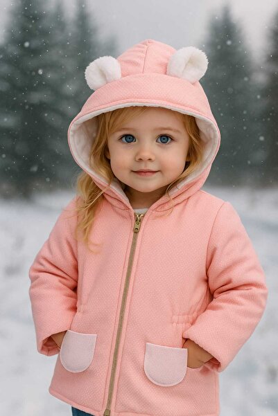 Retro Women Κοριτσίστικο παιδικό ροζ και λευκό μοτίβο με κουκούλα, χαριτωμένο και κομψό παλτό