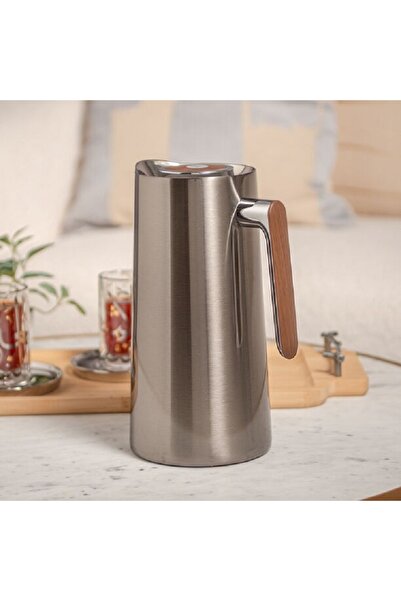 Dallaty 1L dark silver steel vacuum flask with wooden handle